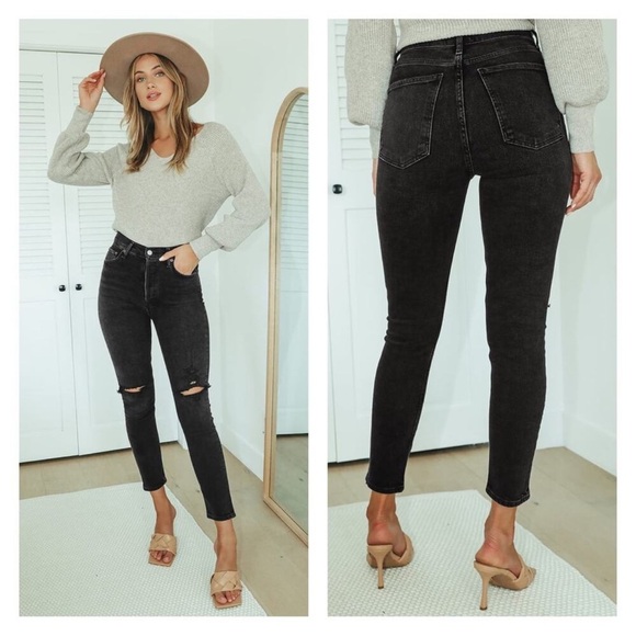 Agolde Nico High Rise Slim Jeans Button Fly Black  Distressed Size 25 - Picture 2 of 7